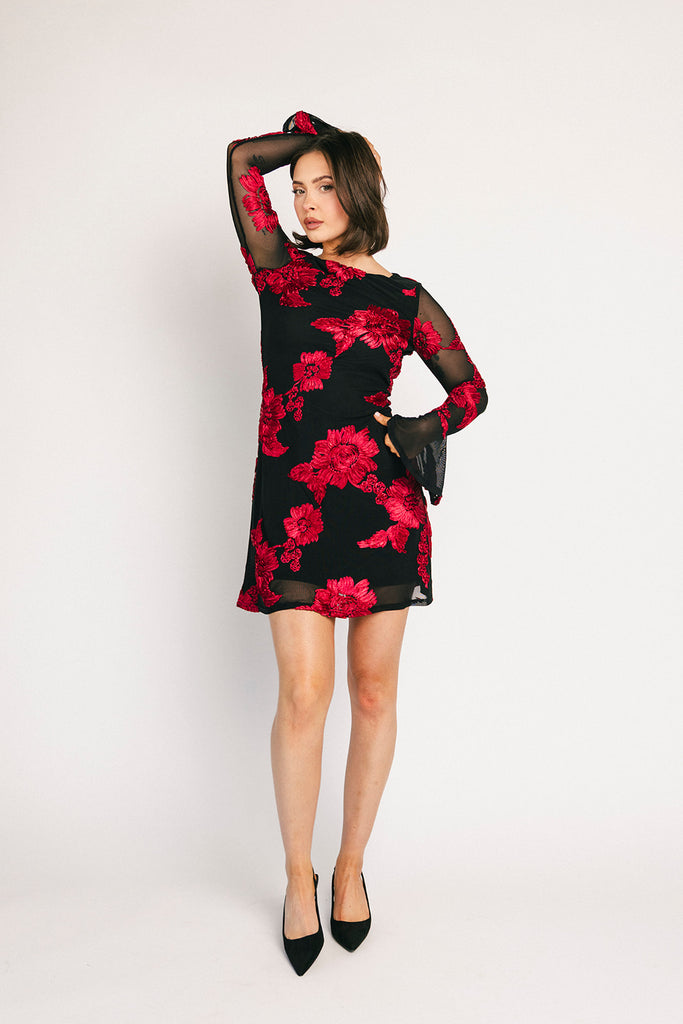 cleo mesh mini dress // red floral *zoco exclusive*