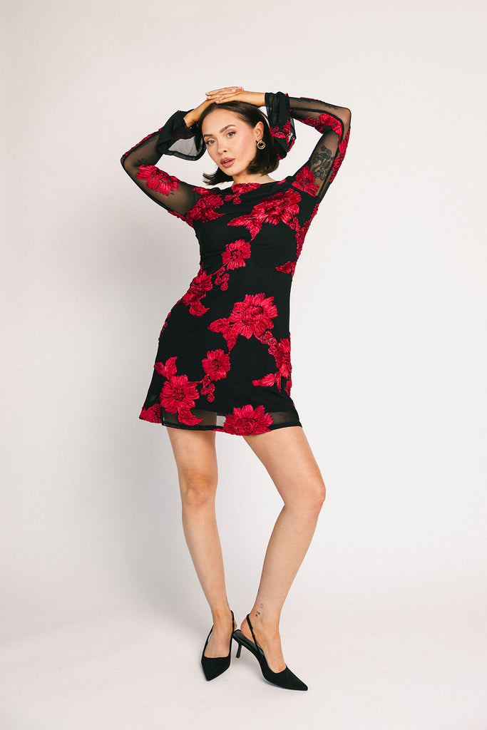 cleo mesh mini dress // red floral *zoco exclusive*