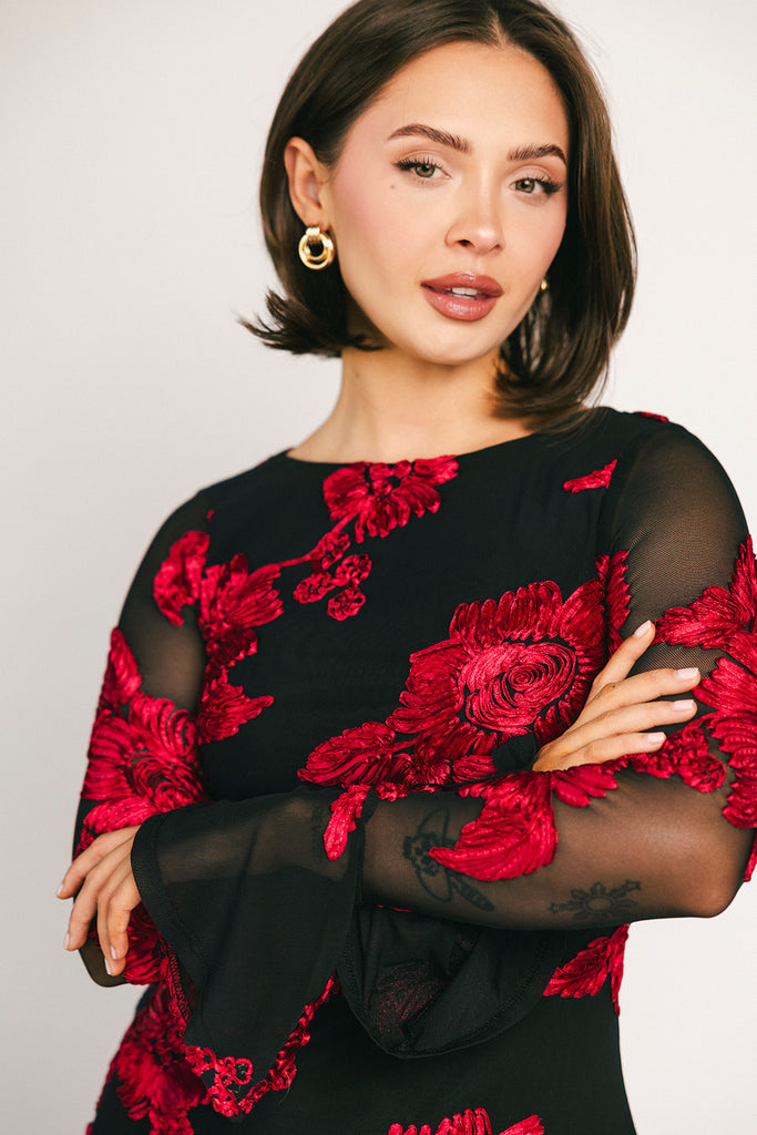 cleo mesh mini dress // red floral *zoco exclusive*