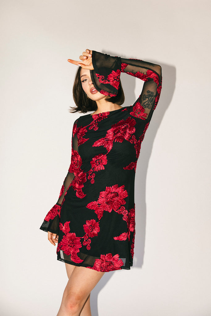 cleo mesh mini dress // red floral *zoco exclusive*