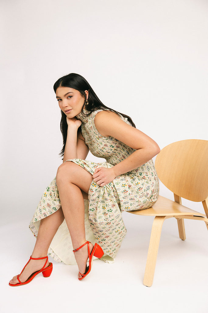 floral skirt set with a smocked mock neck tank + an a-line maxi skirt. the perfect elevated set for vacations, weddings, + fancy date nights.