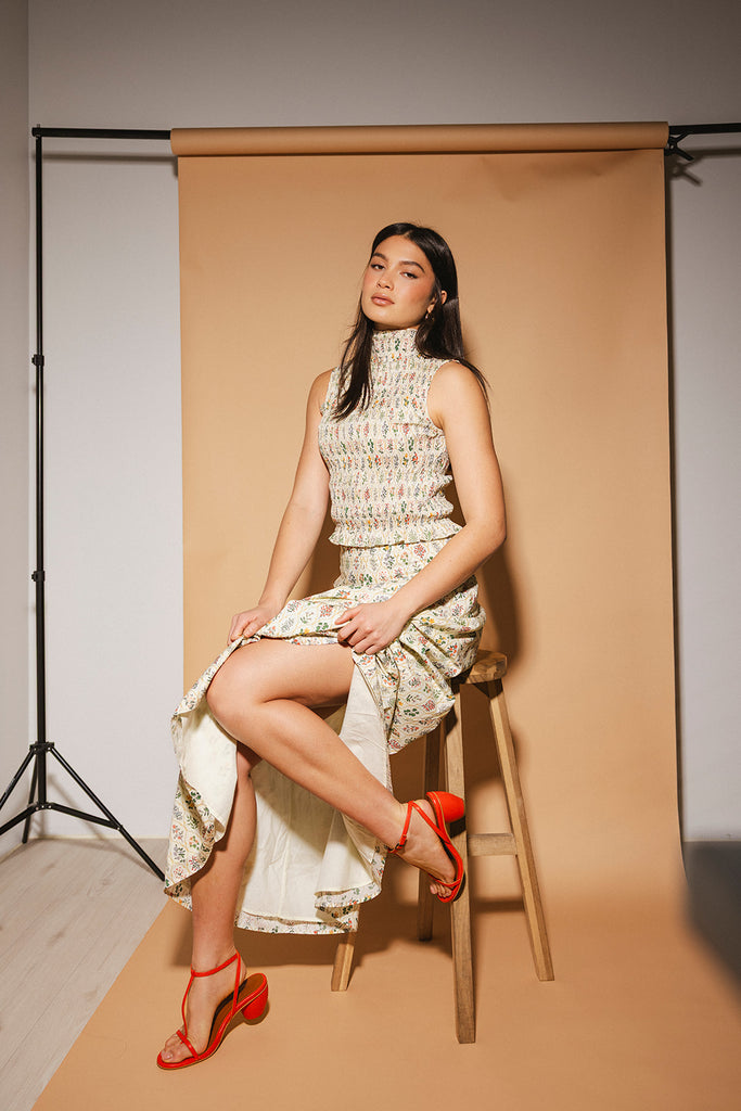 floral skirt set with a smocked mock neck tank + an a-line maxi skirt. the perfect elevated set for vacations, weddings, + fancy date nights.