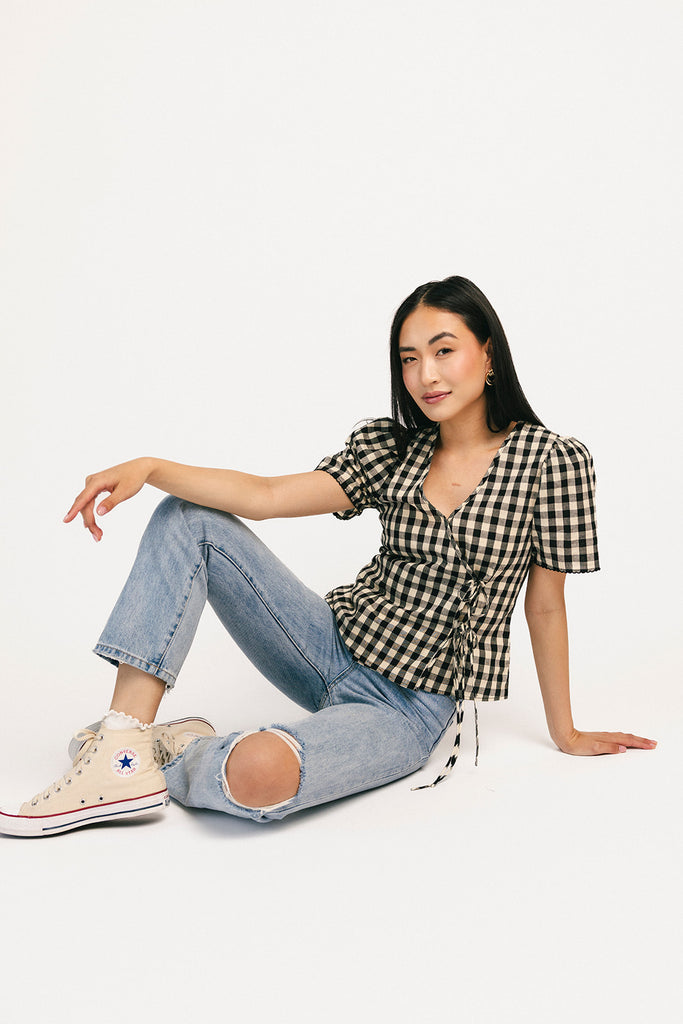 justine gingham wrap top