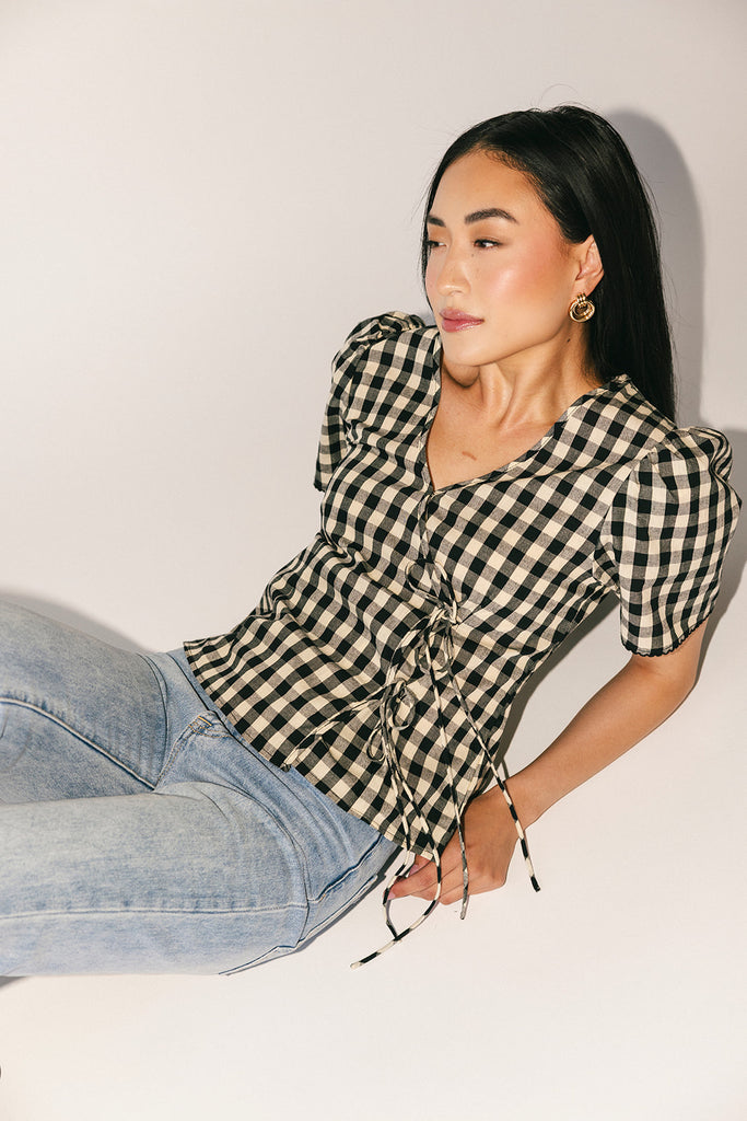 justine gingham wrap top