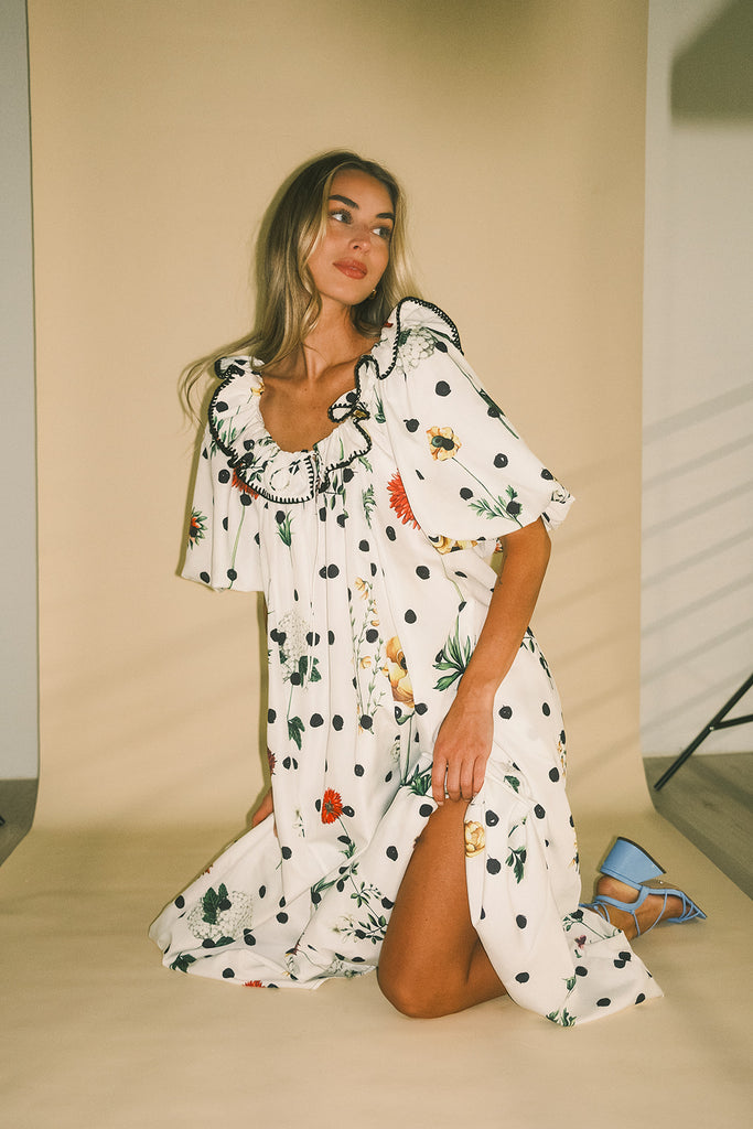 good luck puff sleeve dress // polka dot floral *zoco exclusive*