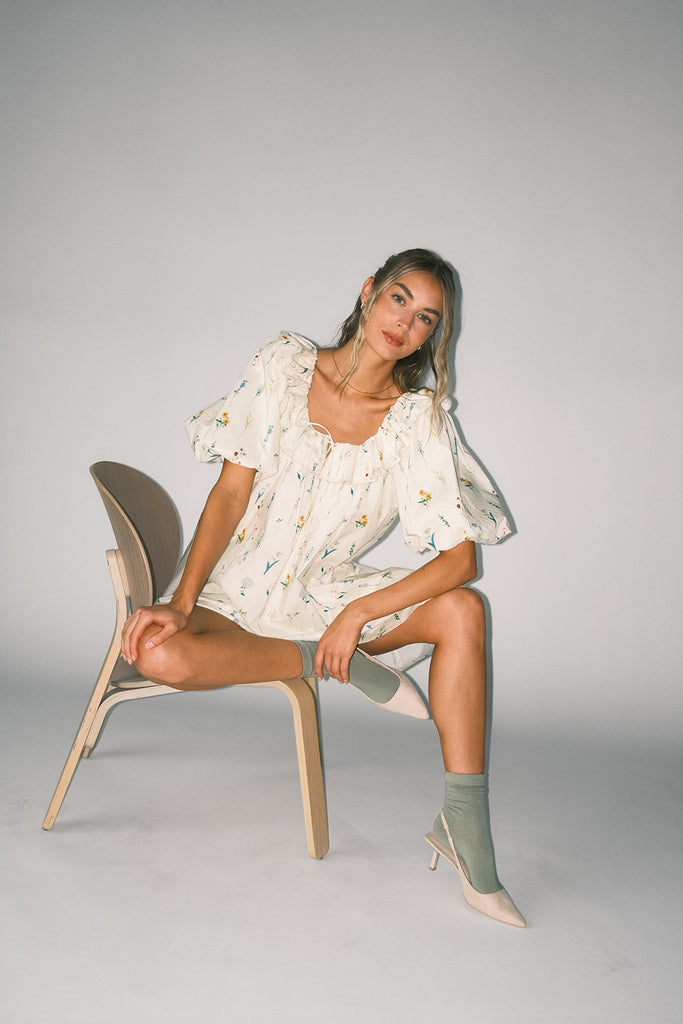 mini good luck puff sleeve dress // cream *zoco exclusive*