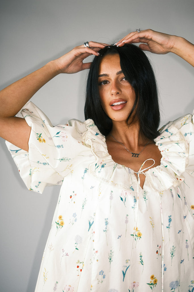 mini good luck puff sleeve dress // cream *zoco exclusive*