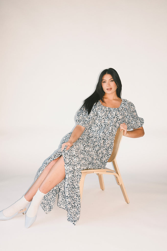 puff sleeve blue floral maxi dress with an elastic neckline. perfect for weddings, baby showers, and family pictures.