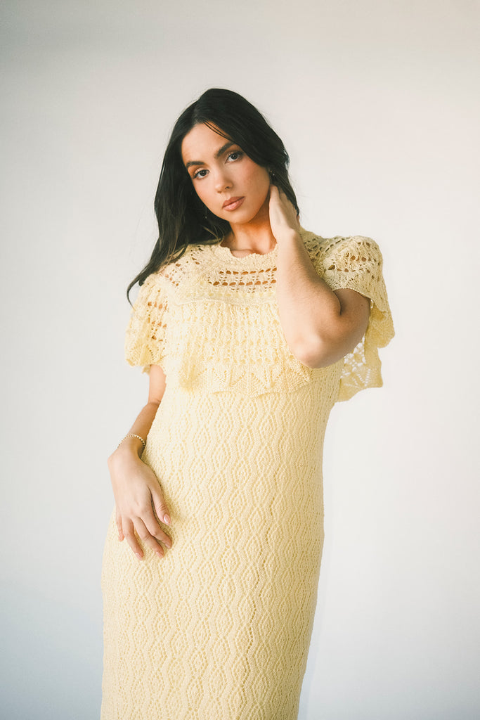butter yellow crochet maxi dress with a chic cape overlay. the perfect spring + summer dress for weddings, bridal showers, + garden parties.