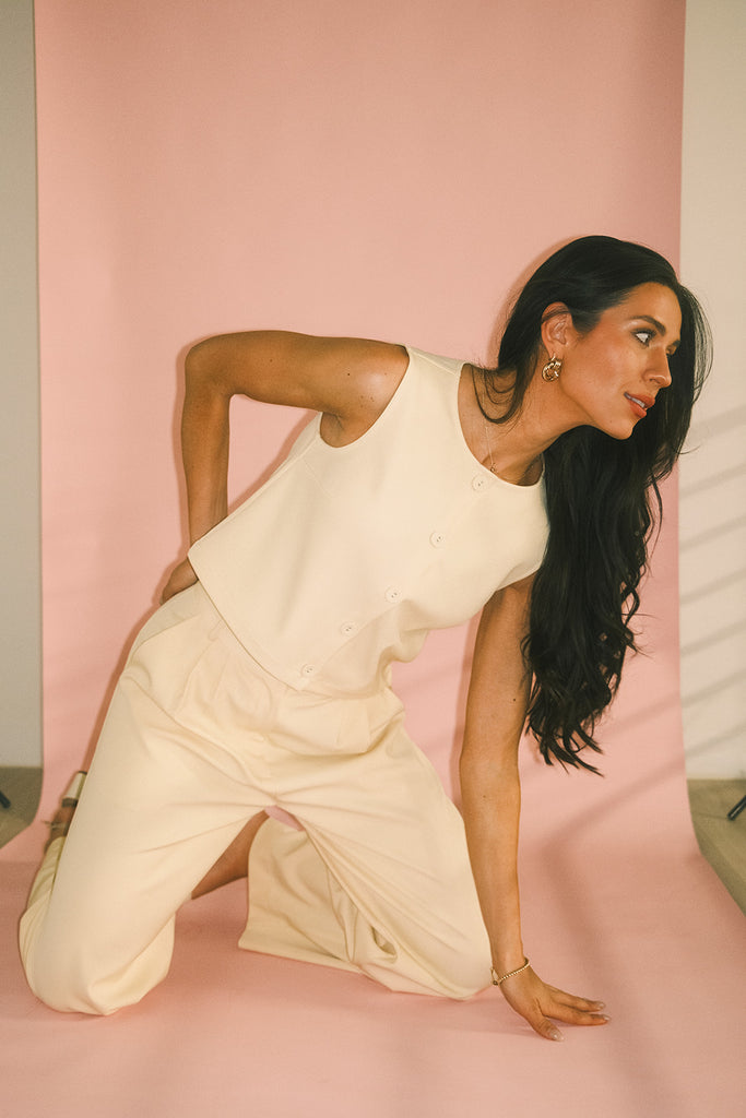 butter yellow pant set with a cropped button up tank + high waisted trousers. the perfect elevated set for the office + everyday wear.