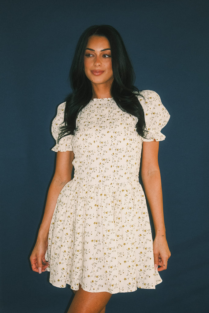 a floral puff sleeve dress with a smocked bodice + mini length. the perfect ditsy floral dress for family pictures, bridal showers, + brunch dates.