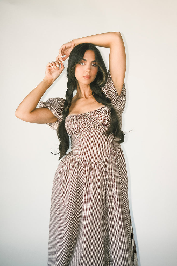 nora midi dress // brown gingham *zoco exclusive*