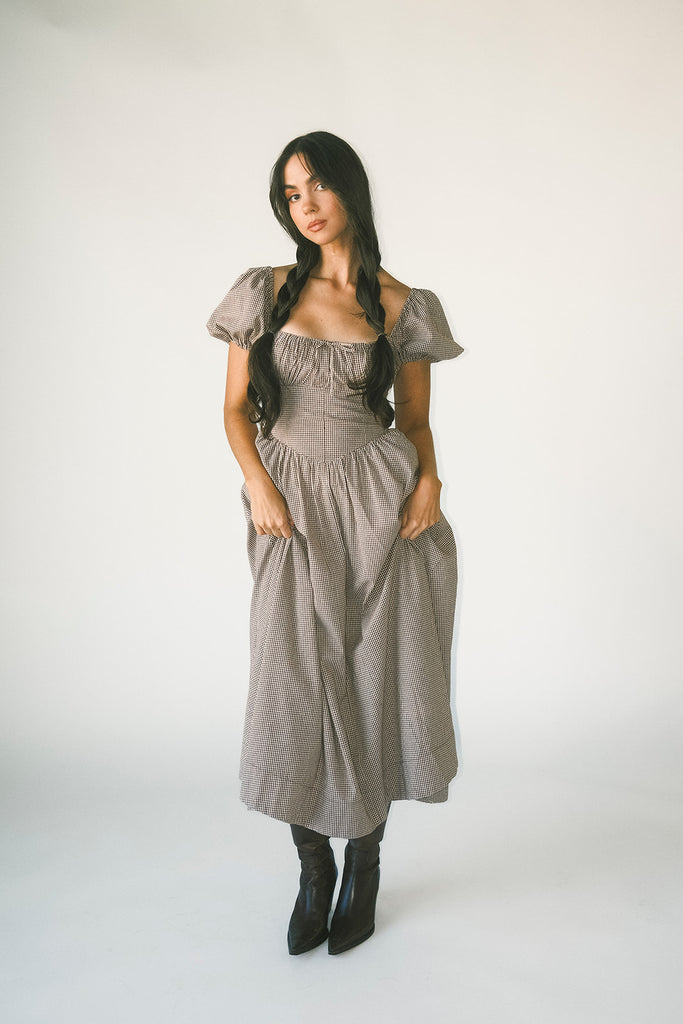 nora midi dress // brown gingham *zoco exclusive*