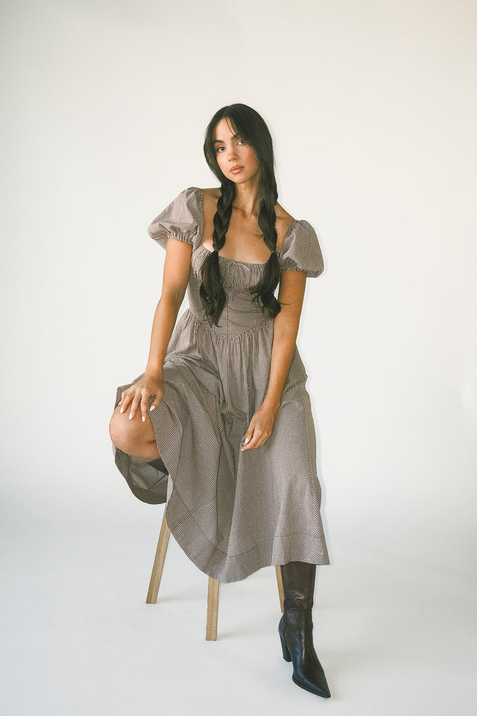 nora midi dress // brown gingham *zoco exclusive*