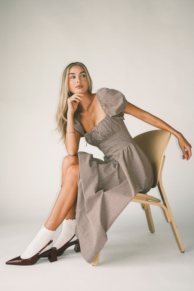 nora midi dress // brown gingham *zoco exclusive*