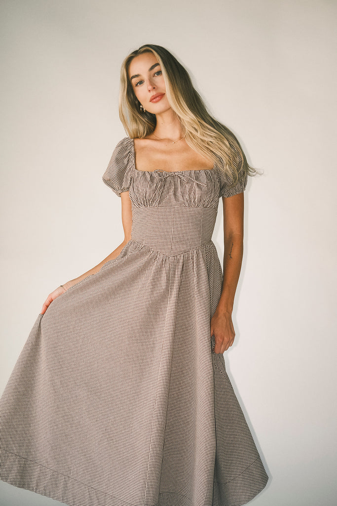 nora midi dress // brown gingham *zoco exclusive*