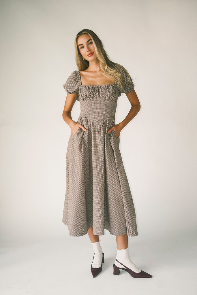 nora midi dress // brown gingham *zoco exclusive*