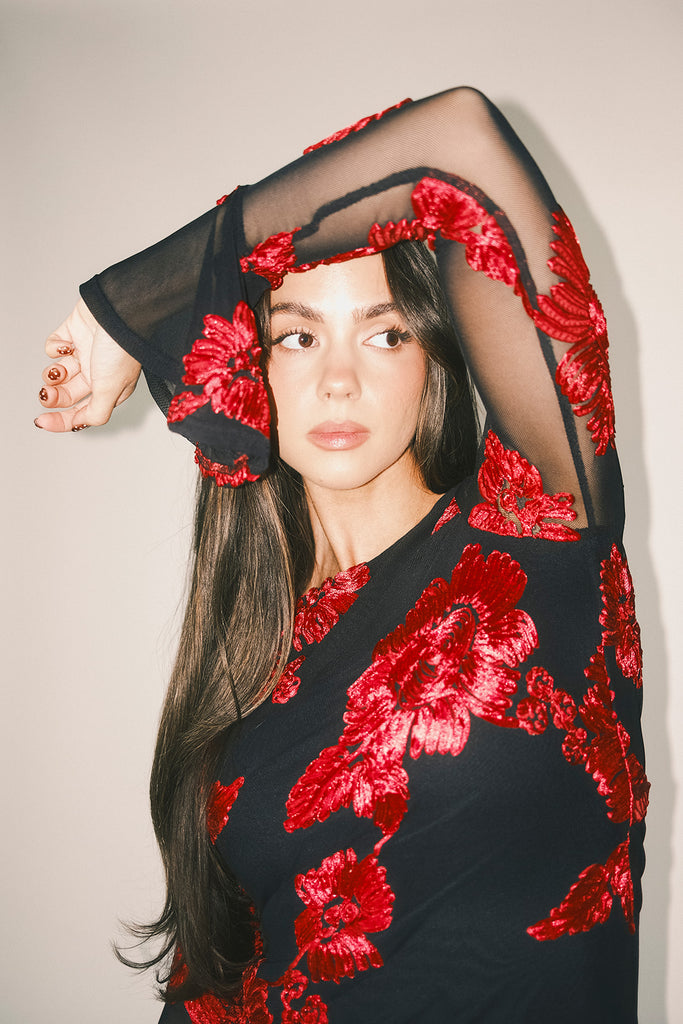 cleo mesh mini dress // red floral *zoco exclusive*
