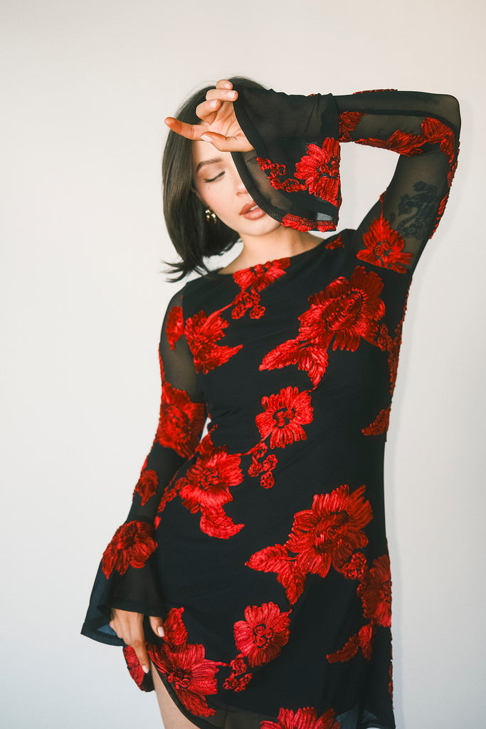 cleo mesh mini dress // red floral *zoco exclusive*