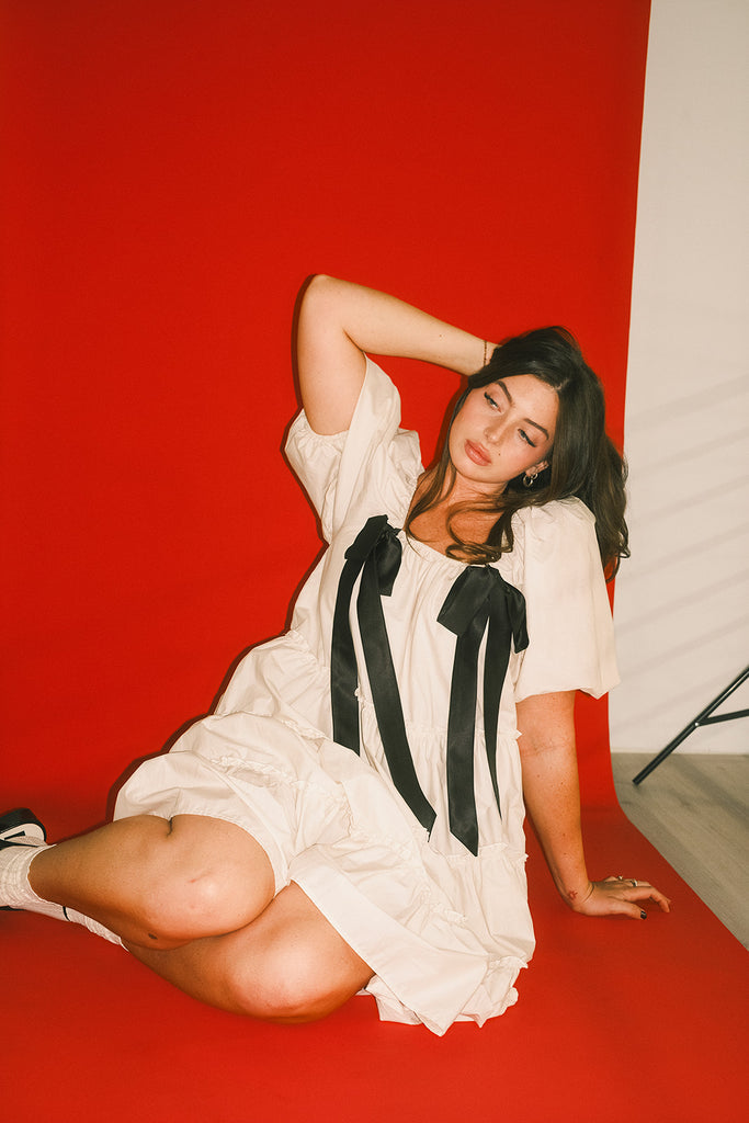 short daymaker dress // cream + bows *zoco exclusive*