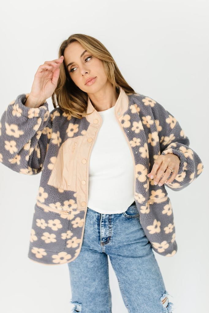 all checks out sherpa jacket // peach floral