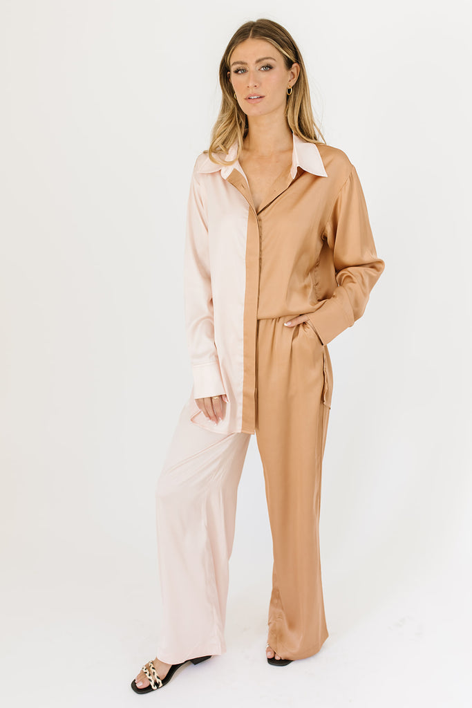 pale pink and brown color block two piece lounge set, collared, working buttons, elastic waistband, and pockets