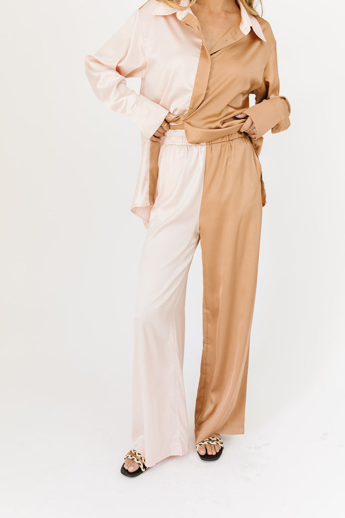 pale pink and brown color block two piece lounge set, collared, working buttons, elastic waistband, and pockets