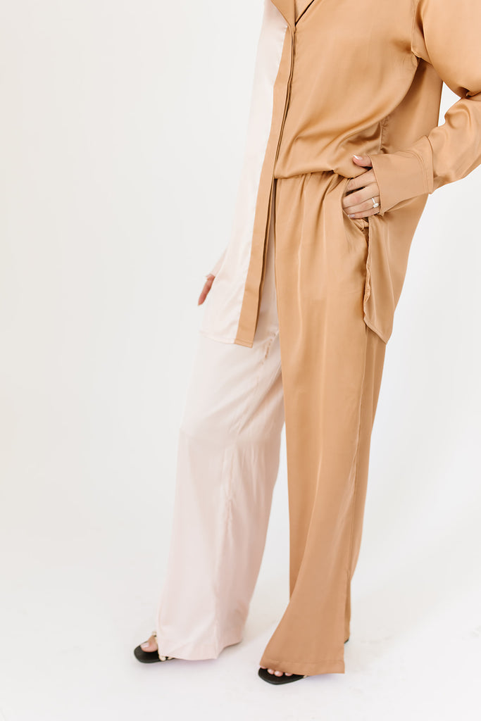 pale pink and brown color block two piece lounge set, collared, working buttons, elastic waistband, and pockets