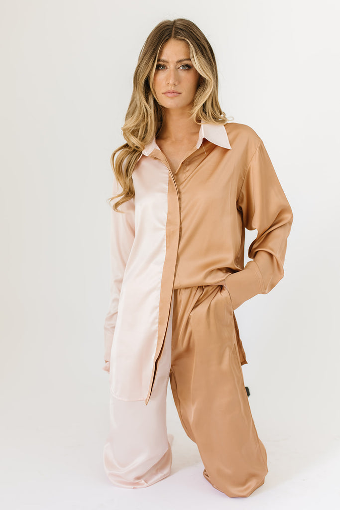 pale pink and brown color block two piece lounge set, collared, working buttons, elastic waistband, and pockets