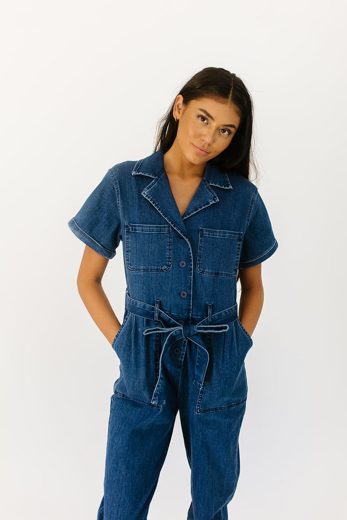 serious business woman jumpsuit // dark wash