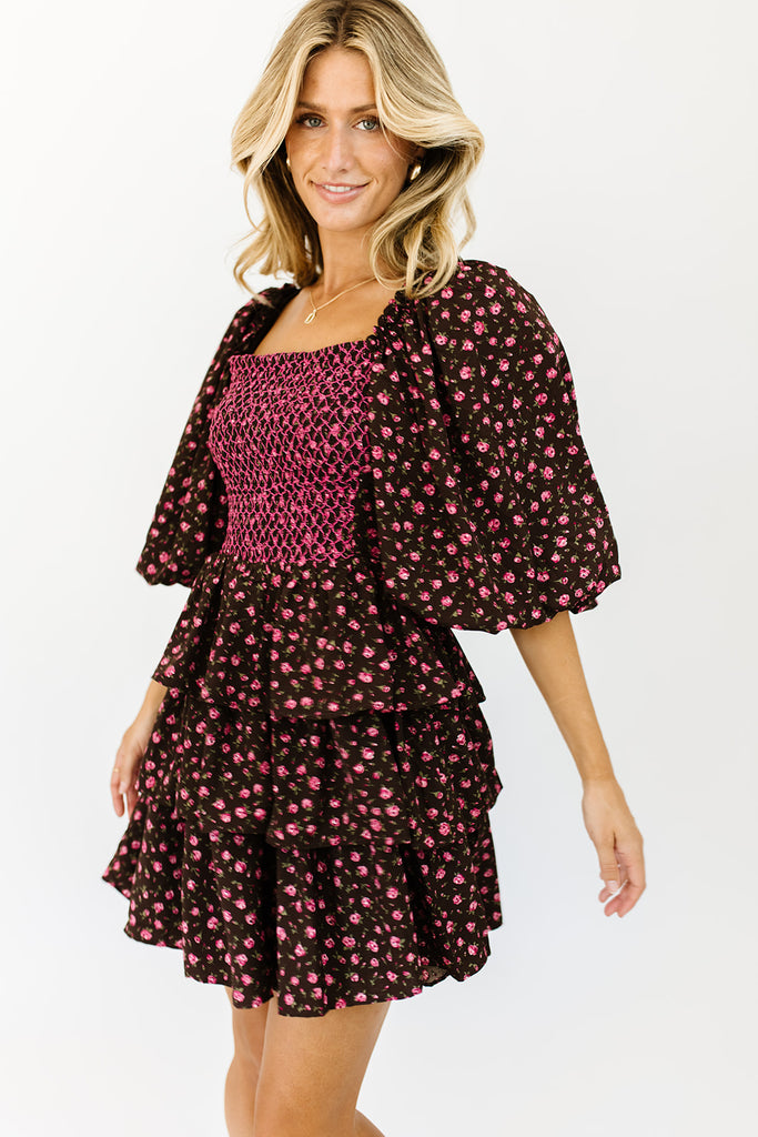 country club puff sleeve dress // brown floral