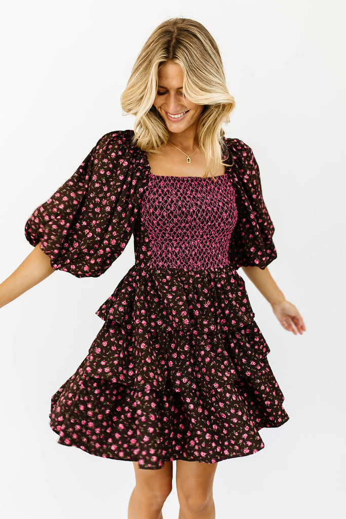 country club puff sleeve dress // brown floral