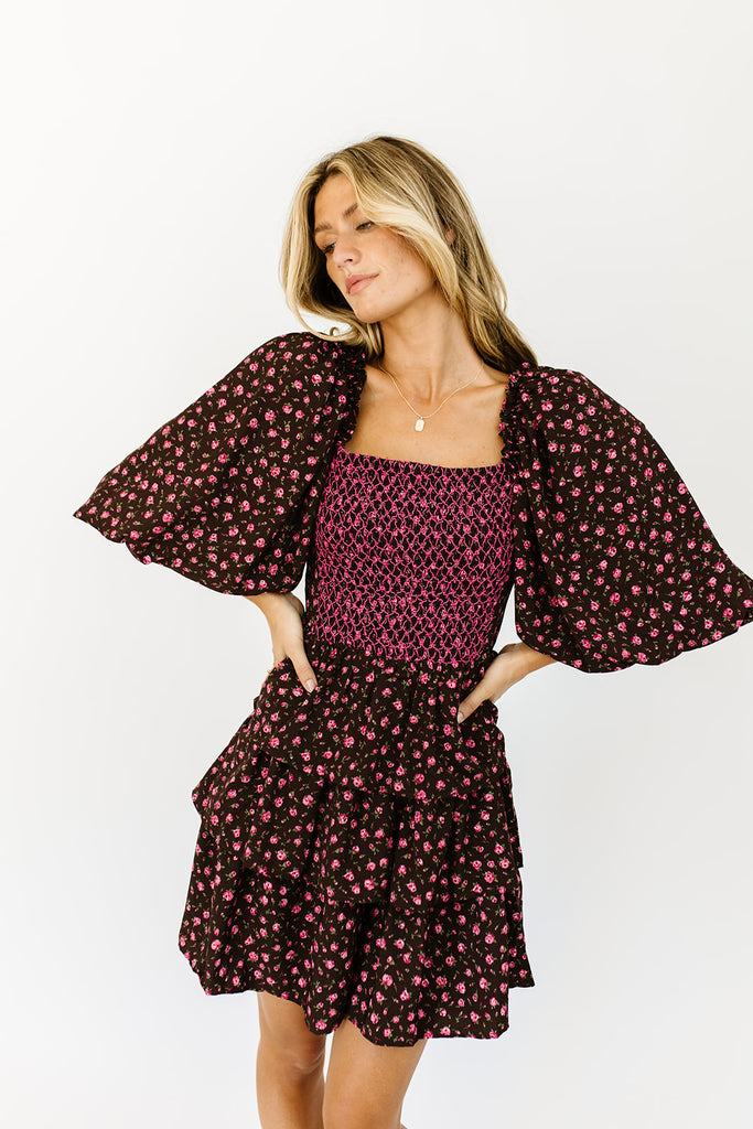 country club puff sleeve dress // brown floral