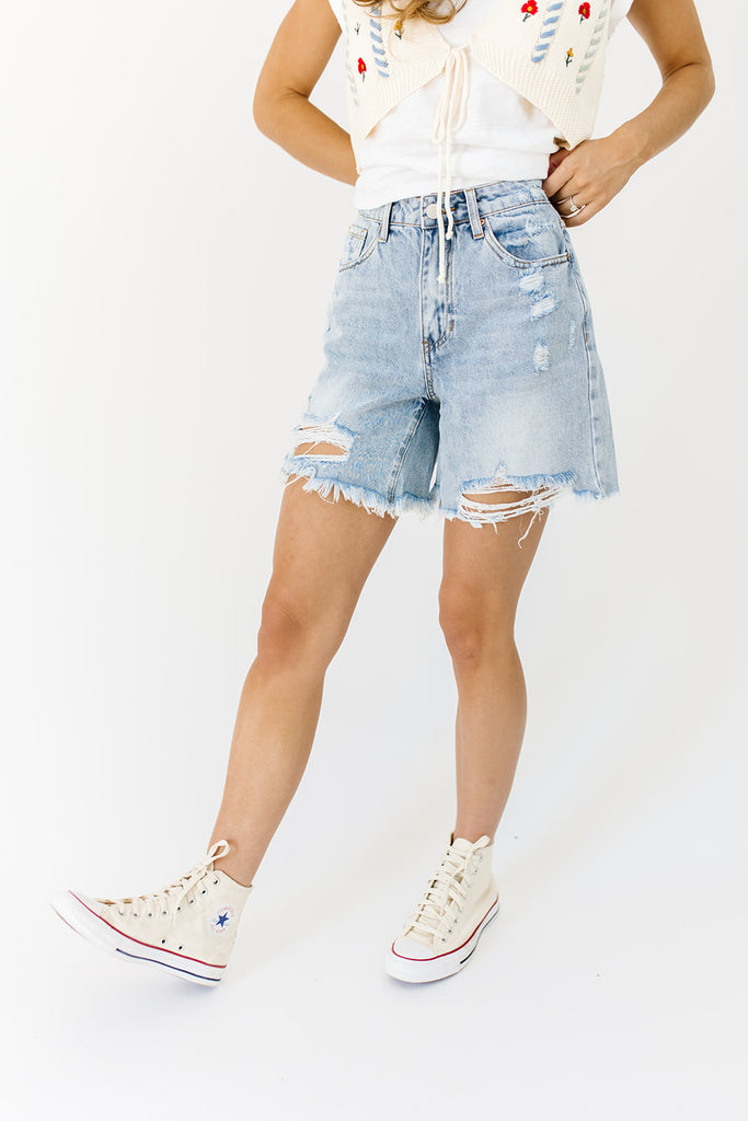 savvy distressed denim shorts