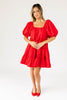 zoco daymaker dress: a short puff sleeve dress with an elastic neckline. the perfect red cotton dress for family pictures, weddings, and baby showers.
