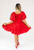 zoco daymaker dress: a short puff sleeve dress with an elastic neckline. the perfect red cotton dress for family pictures, weddings, and baby showers.
