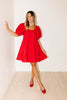 zoco daymaker dress: a short puff sleeve dress with an elastic neckline. the perfect red cotton dress for family pictures, weddings, and baby showers.
