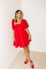 zoco daymaker dress: a short puff sleeve dress with an elastic neckline. the perfect red cotton dress for family pictures, weddings, and baby showers.
