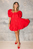 zoco daymaker dress: a short puff sleeve dress with an elastic neckline. the perfect red cotton dress for family pictures, weddings, and baby showers.
