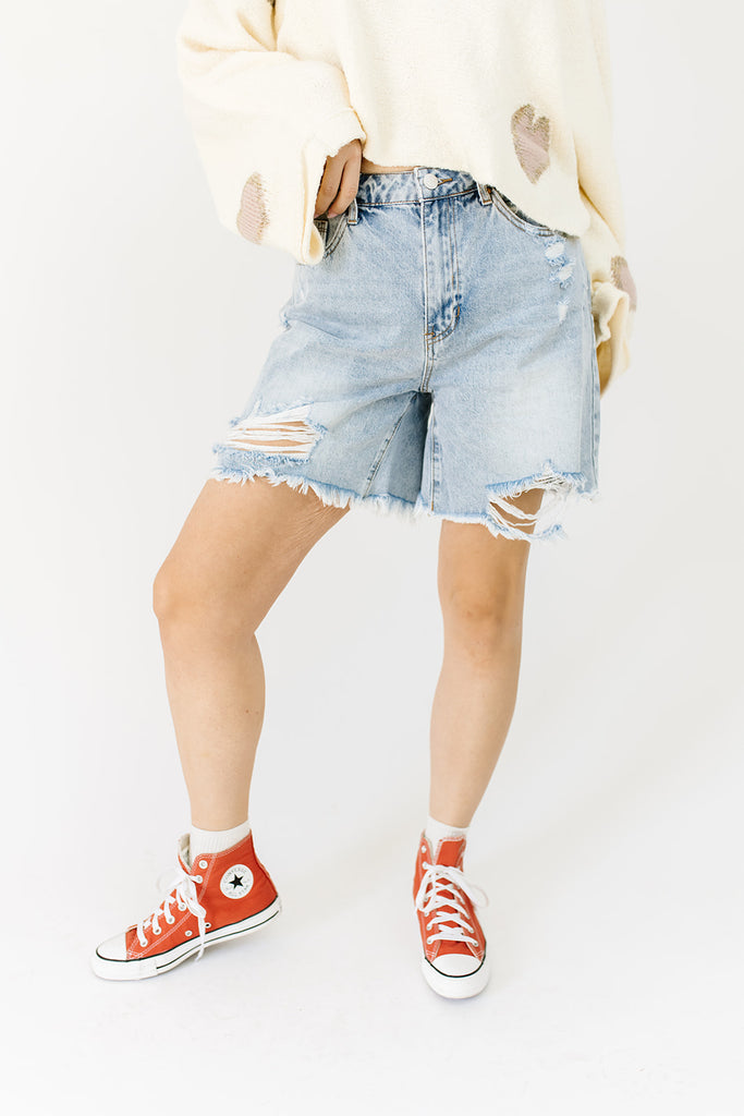 savvy distressed denim shorts