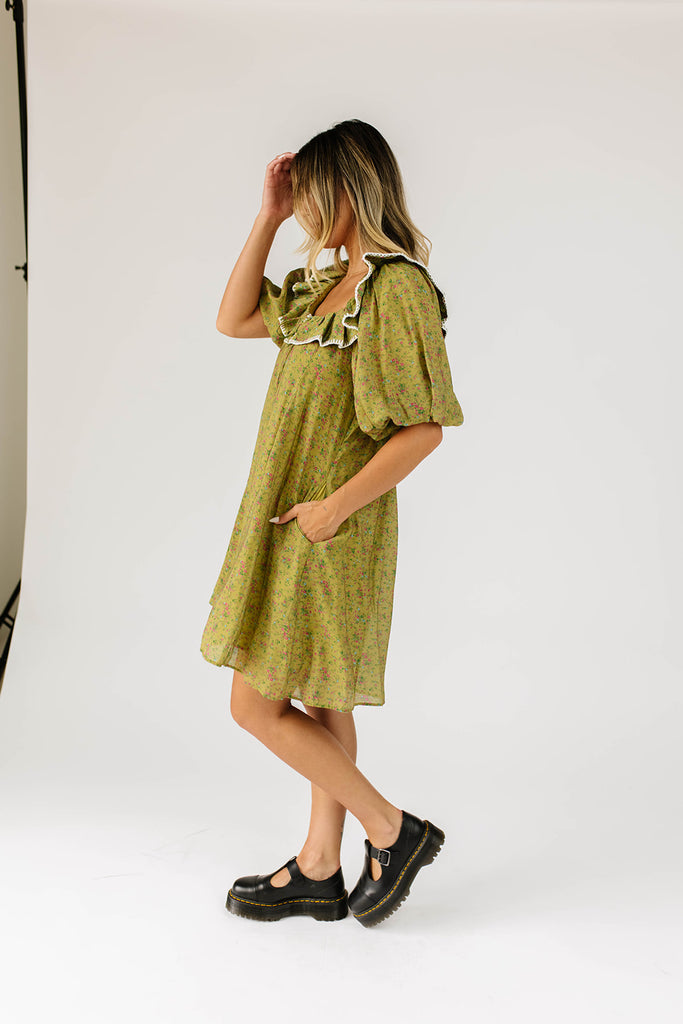 Green puff sleeve dress hot sale