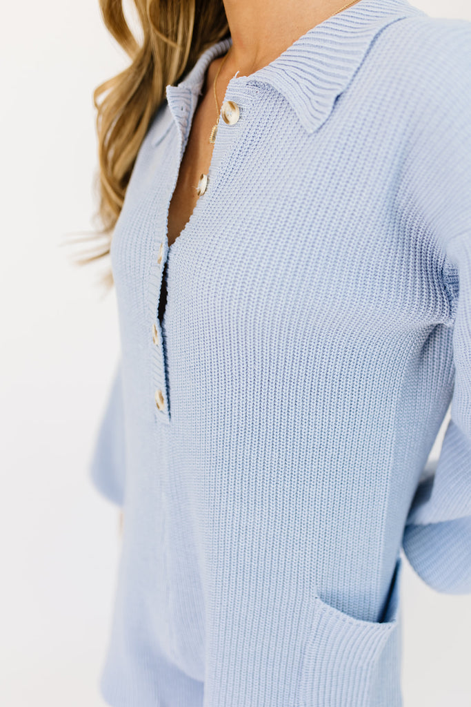 right reasons knit romper // light blue