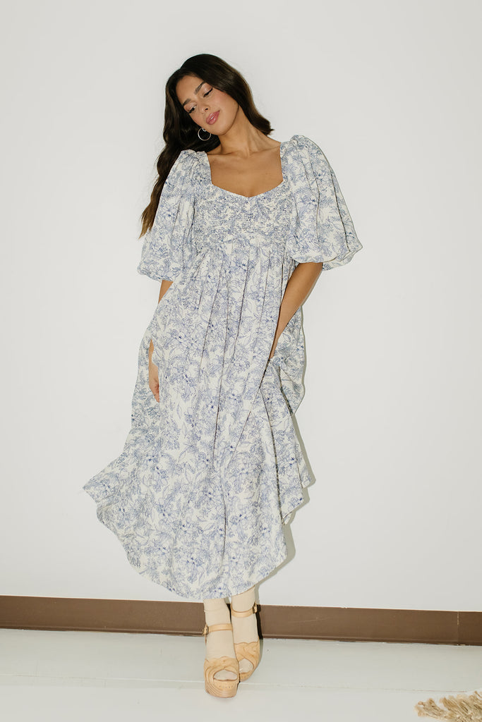 gala midi dress // blue fruit floral *zoco exclusive*