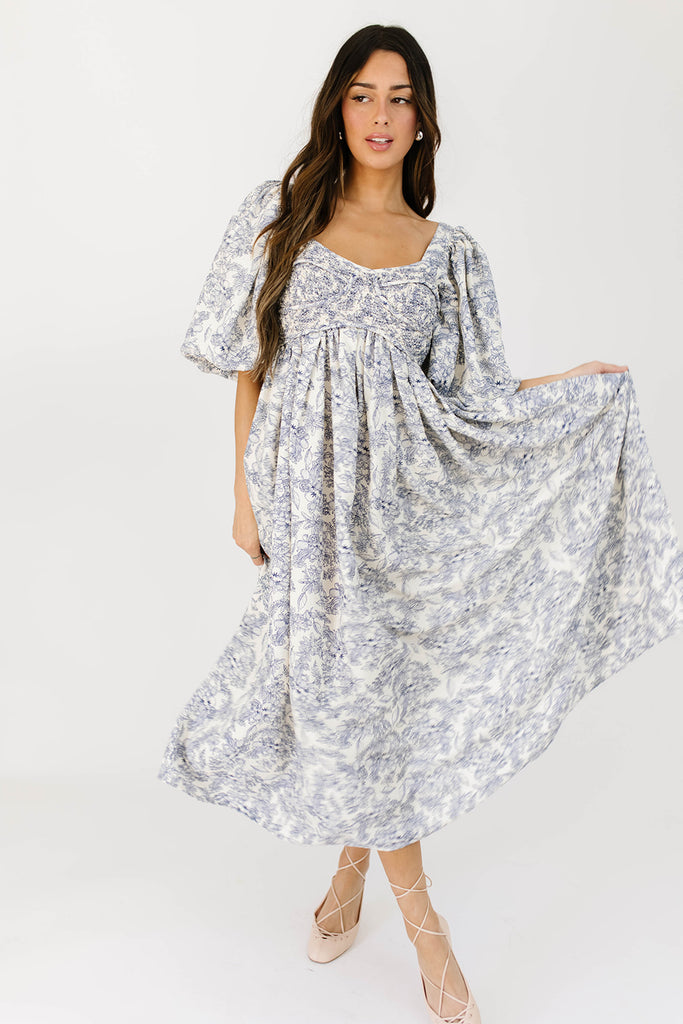 gala midi dress // blue fruit floral *zoco exclusive*