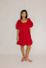 zoco daymaker dress: a short puff sleeve dress with an elastic neckline. the perfect red cotton dress for family pictures, weddings, and baby showers.
