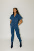 serious business woman jumpsuit // dark wash