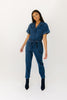 serious business woman jumpsuit // dark wash