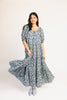 puff sleeve blue floral maxi dress with an elastic neckline. perfect for weddings, baby showers, and family pictures.