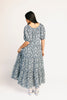 puff sleeve blue floral maxi dress with an elastic neckline. perfect for weddings, baby showers, and family pictures.