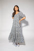 puff sleeve blue floral maxi dress with an elastic neckline. perfect for weddings, baby showers, and family pictures.